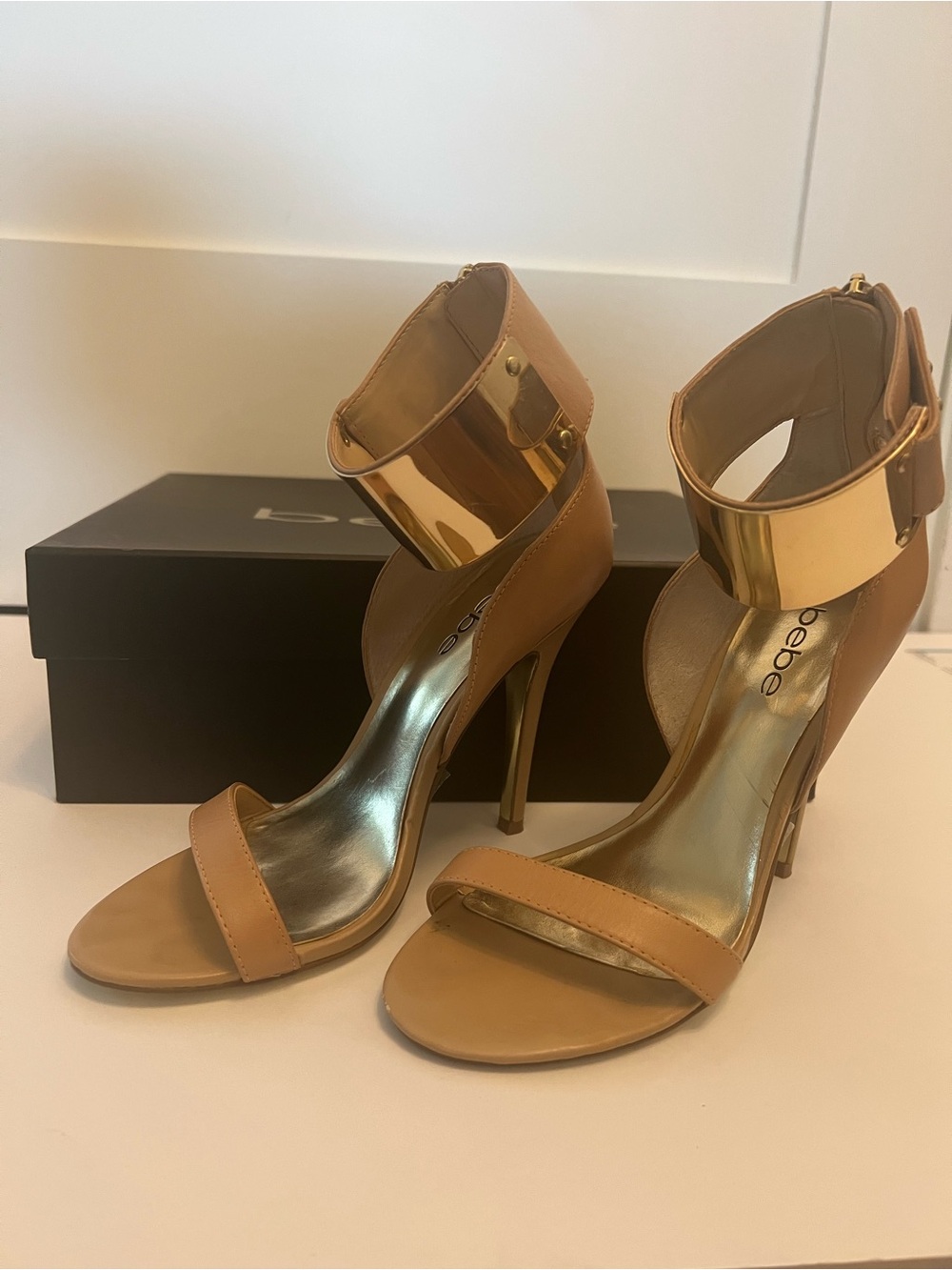 bebe Tan Heeled Sandals with Gold Ankle Cuff Accent